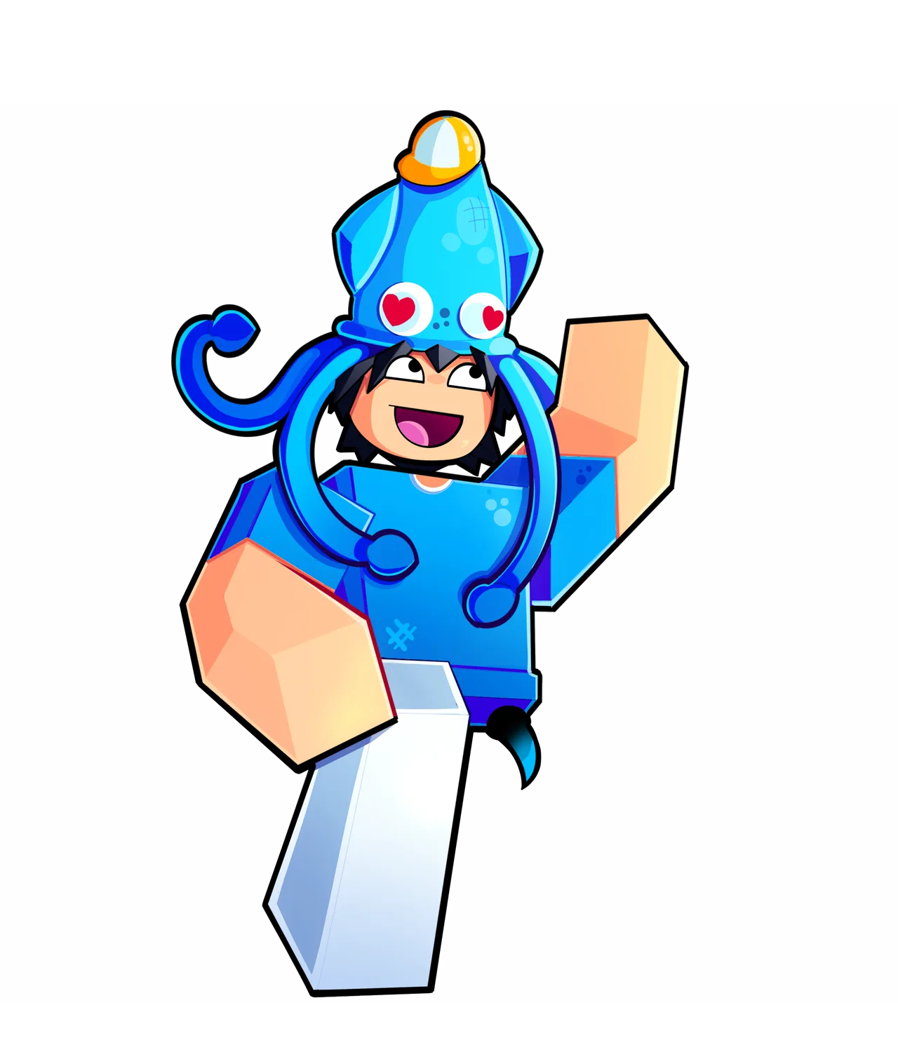 Shanks' Roblox character waving, under a blue squid hat with heart eyes